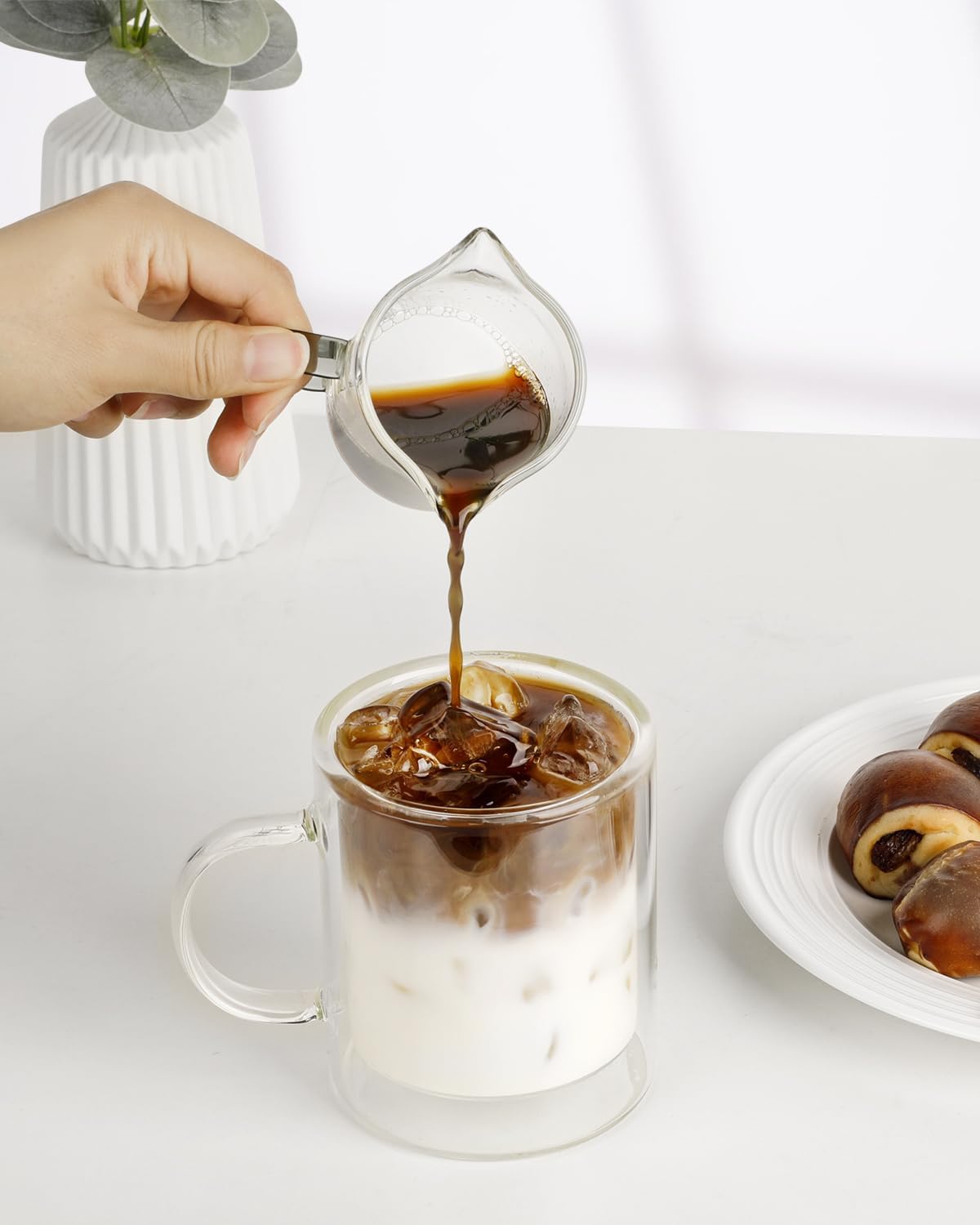 LIBWYS 12oz Double Wall Coffee Mugs (4-Pack) - Insulated Borosilicate Glass Cups with Handle for Espresso, Cappuccino, Latte - Heat Resistant, Dishwasher Safe Hot/Cold Beverage Glasses 350ml