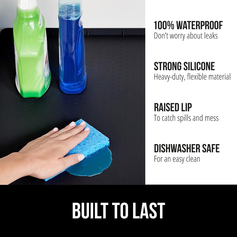 GORILLA GRIP Waterproof Silicone Under Sink Mat with Raised Lip for Kitchen and Bathroom, Cabinet Shelf Liner Stay in Place Mats Dishwasher Safe Drawer Liner, Organizer Tray, 15 x 22 in, Black