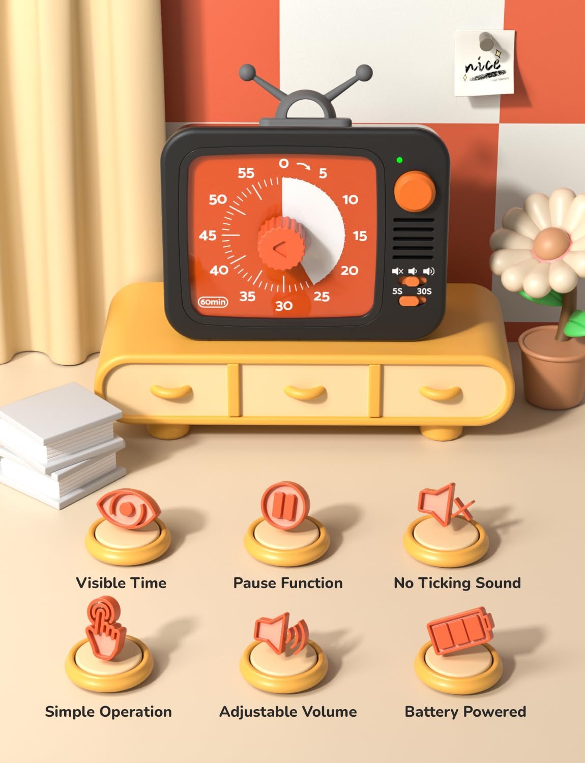 LIORQUE Visual Timer for Kids, 60-Minute Countdown Timers for Classroom Office Kitchen with Silent Operation, Kids Timer for Teaching with Cute Design