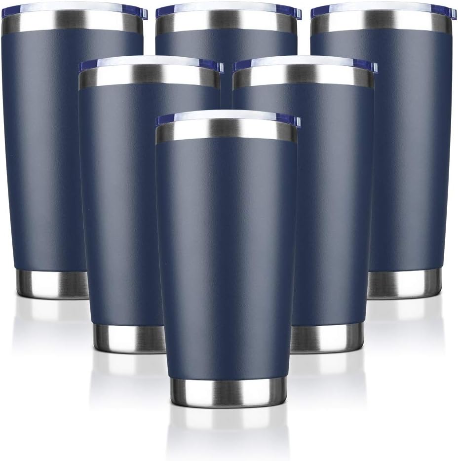 20oz Tumbler Bulk Stainless Steel Vacuum Insulated Tumblers with Lid Double Wall Travel Mug, Durable Powder Coated Coffee Cup, Suitable for Ice Drinks and Hot Beverage（Navy 6pack）