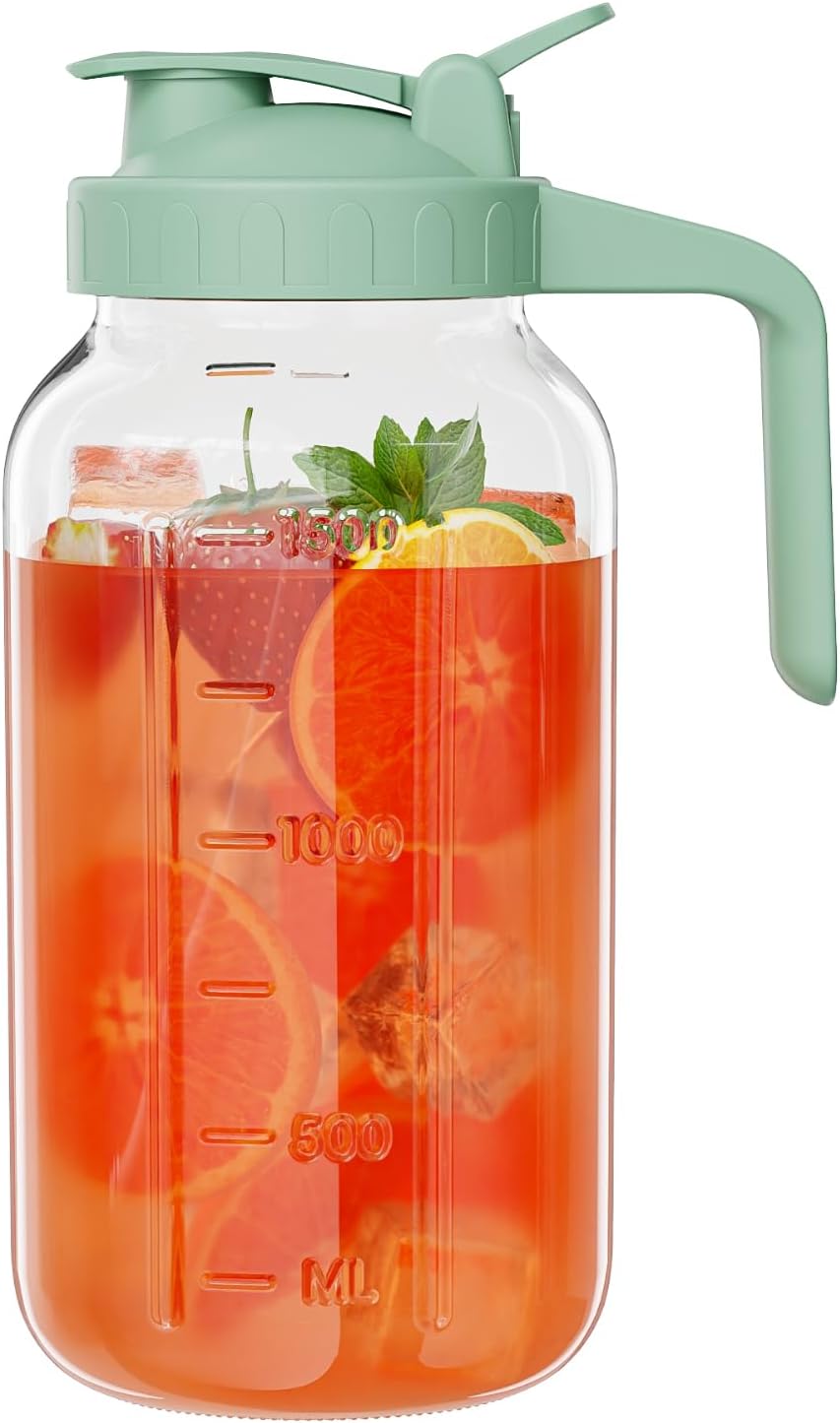 Glass Mason Jar Pitcher, 64 oz Wide Mouth Jug with Pour Spout Handle Lid for Cold Brew Coffee, Ice Beverage, Iced Juice, Lemonade, Sun Tea, Fruit Drinks Container（Green）