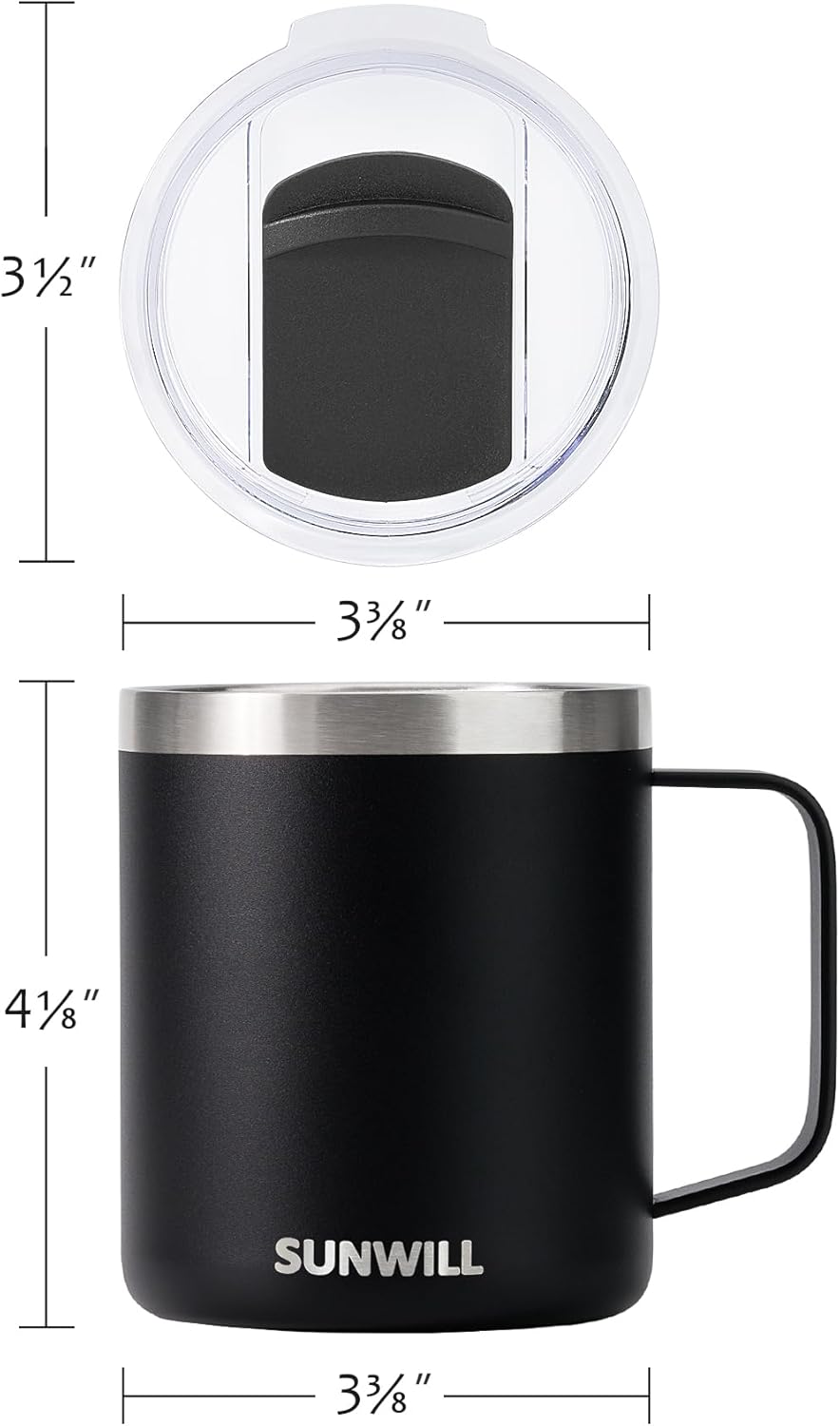 SUNWILL Travel Coffee Mug with Lid, Insulated Tumbler with Handle, 14oz Stainless Steel Cup for Camping, Outdoor, Powder Coated Black