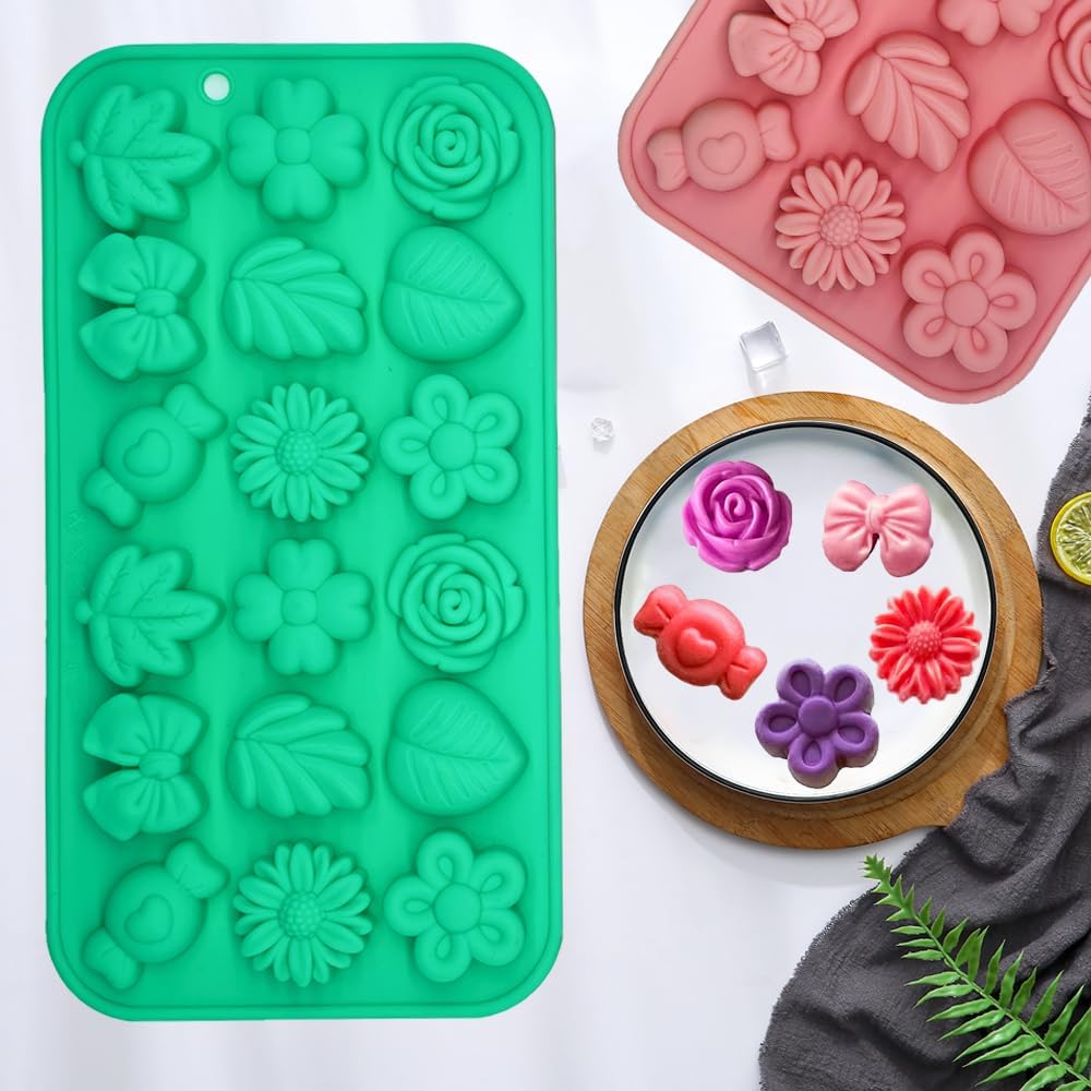 Gummy Candy Molds - 2Pcs Silicone Gummy Daisy Flower/Tulip Flower/Bow Tie/Leaf Candy Mold for Kids, Non-stick and Bpa Free for Candy Chocolate Gummy Jello Baking Soap Pudding Cookie Desserts Making