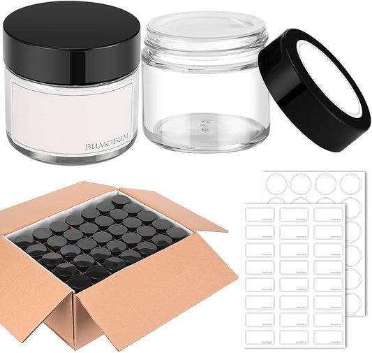 2 oz Round Clear Glass Jars, Bumobum 70 pack Cream Jars with Black Lids, Black and White Labels & Inner Liners, Empty Cosmetic Containers for Cream, Lotion