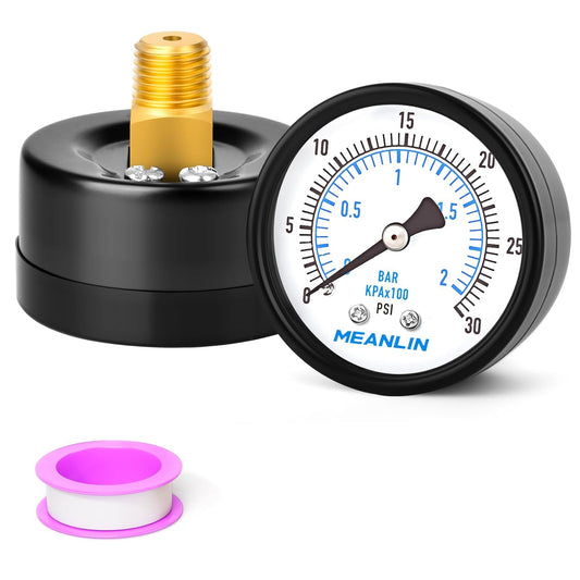 MEANLIN MEASURE 0-30Psi Well Pump Pressure Gauge 1/4" NPT 2" FACE DIAL for Pool Sand Filter Water Oil Air Pressure Test Back Mount, with Teflon Tape