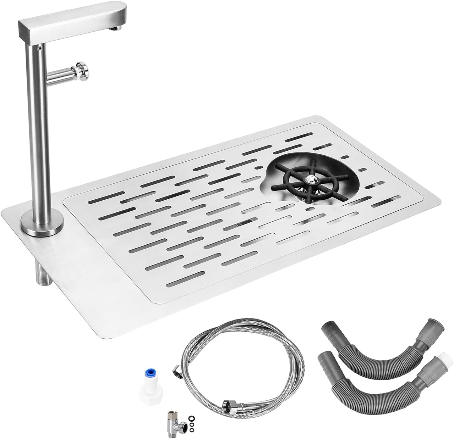 DIBTSA Pitcher Rinser, Stainless Steel Countertop Glass Rinser Cup Washer Sink with Side Spray,Drip Tray for Home Cafe Restaurant