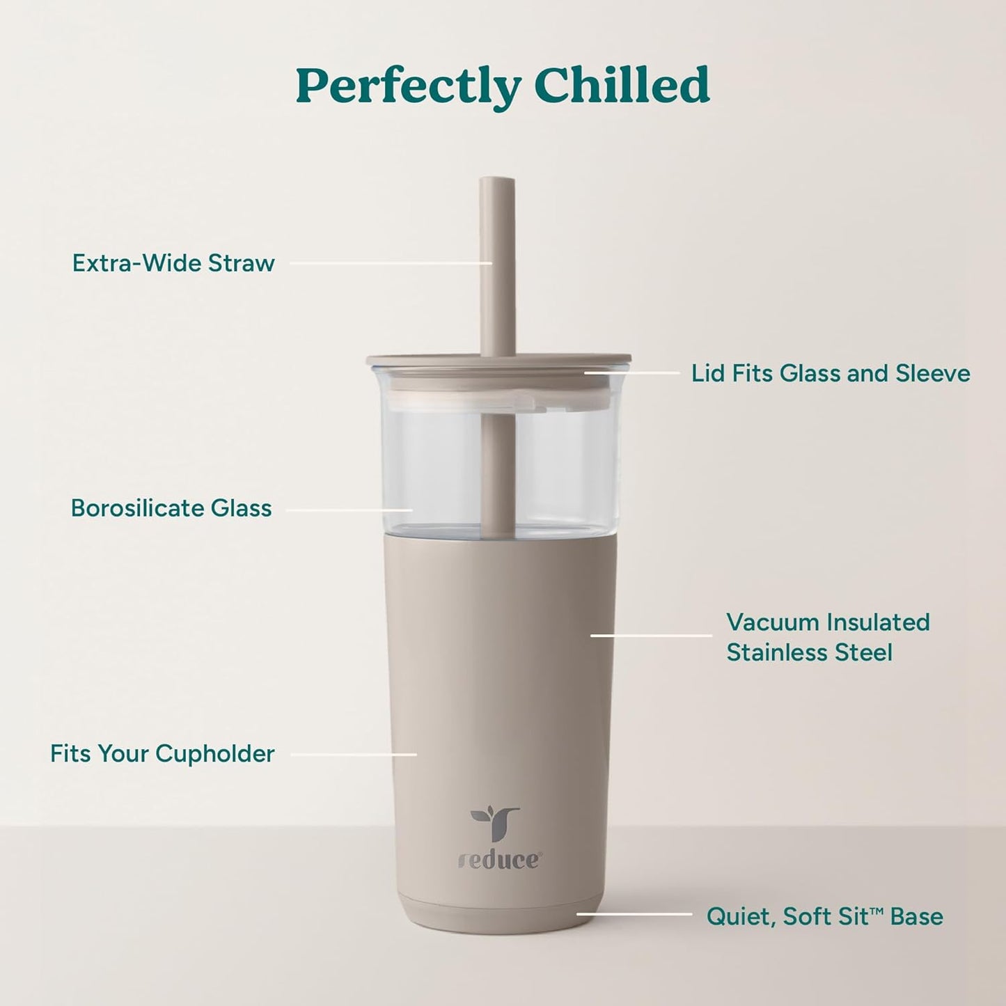 REDUCE Aspen 20 oz Vacuum Insulated Glass Tumbler with Lid & Extra Wide Straw - Keeps Drinks Cold for 12 Hrs - Ideal for Iced Coffee, Smoothies & Boba - Dishwasher Safe, Soft Base - Sand