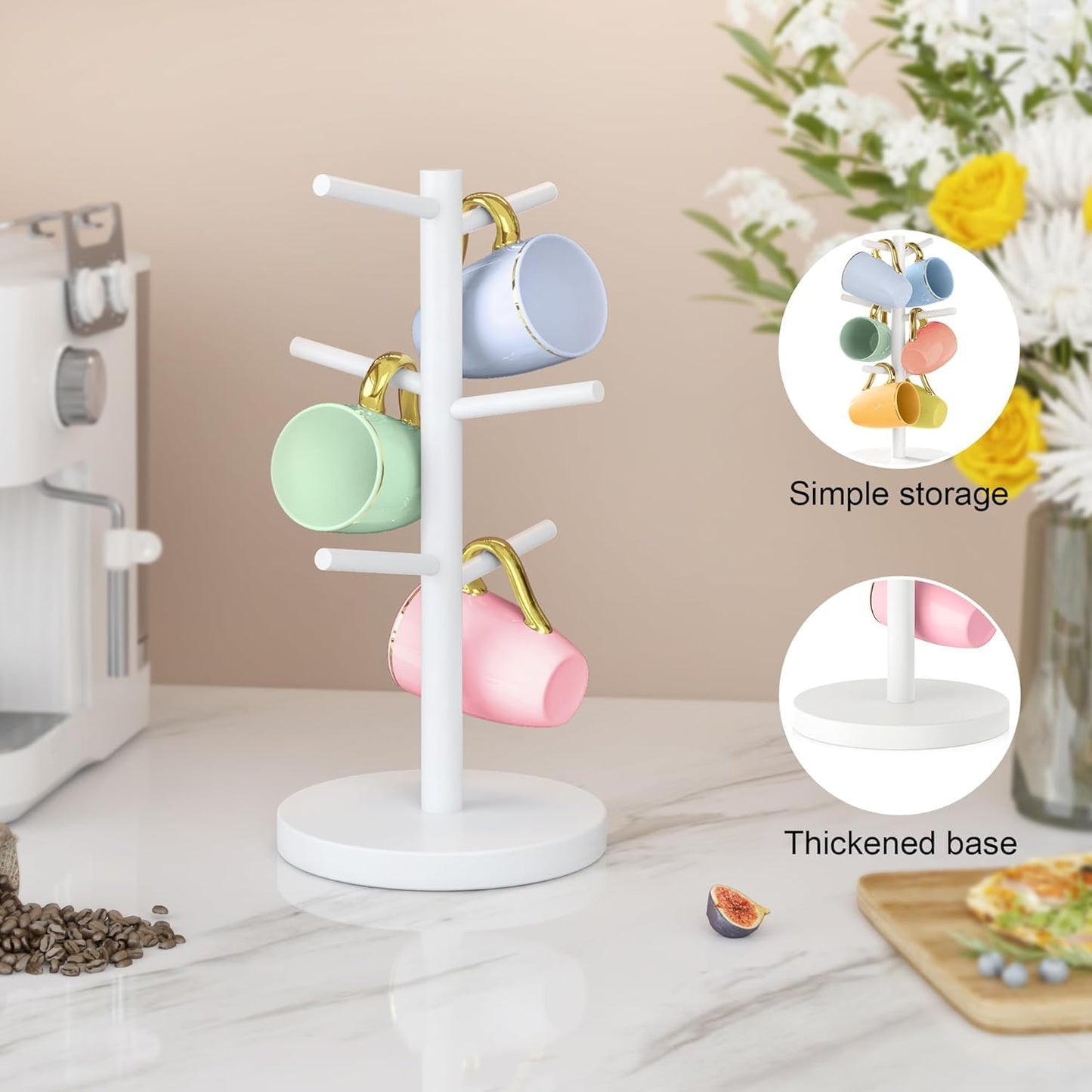 Wisuce Black Coffee Mug Tree Bamboo Mug Holder Coffee Cup Stand Mug Holders for Countertop Coffee Mug Rack Organizer Stand (White)