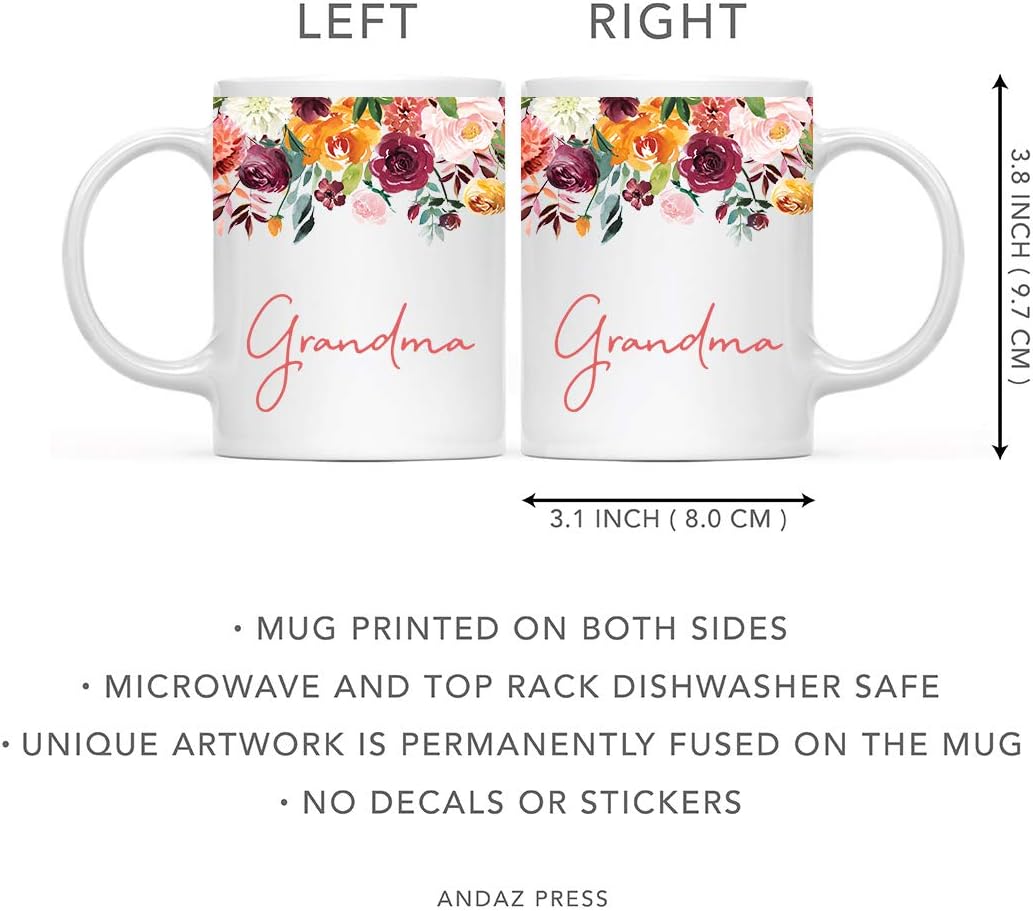 Andaz Press 11oz. Mother's Day Ceramic Coffee Tea Mug Gift, Fall Autumn Burgundy Orange Peach Flowers Roses Florals, Grandma, 1-Pack