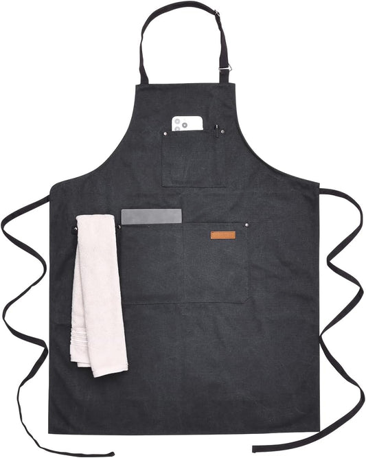 Chef Cooking Aprons for Men Women Thickened Canvas Cotton Apron with 4 Pockets for BBQ Work Kitchen (Black)