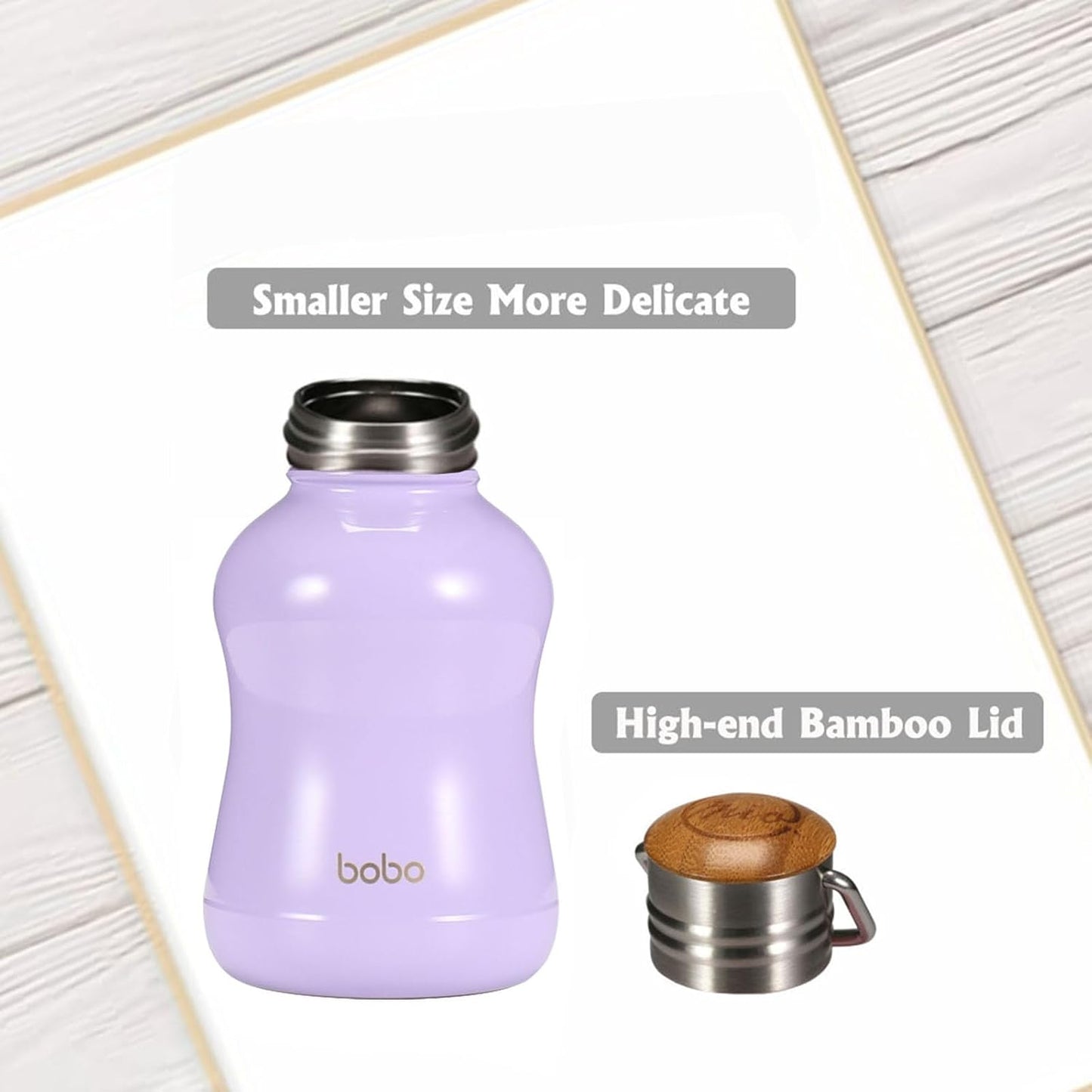 YOHKOH Mini Vacuum Insulated Water Bottle With Bamboo Lid - Stainless Steel Thermos Water Bottle for Women Girls Kids, Metal Sports Hot and Cold Water Bottle Leak-Proof BPA-Free (6.4oz,Violets)