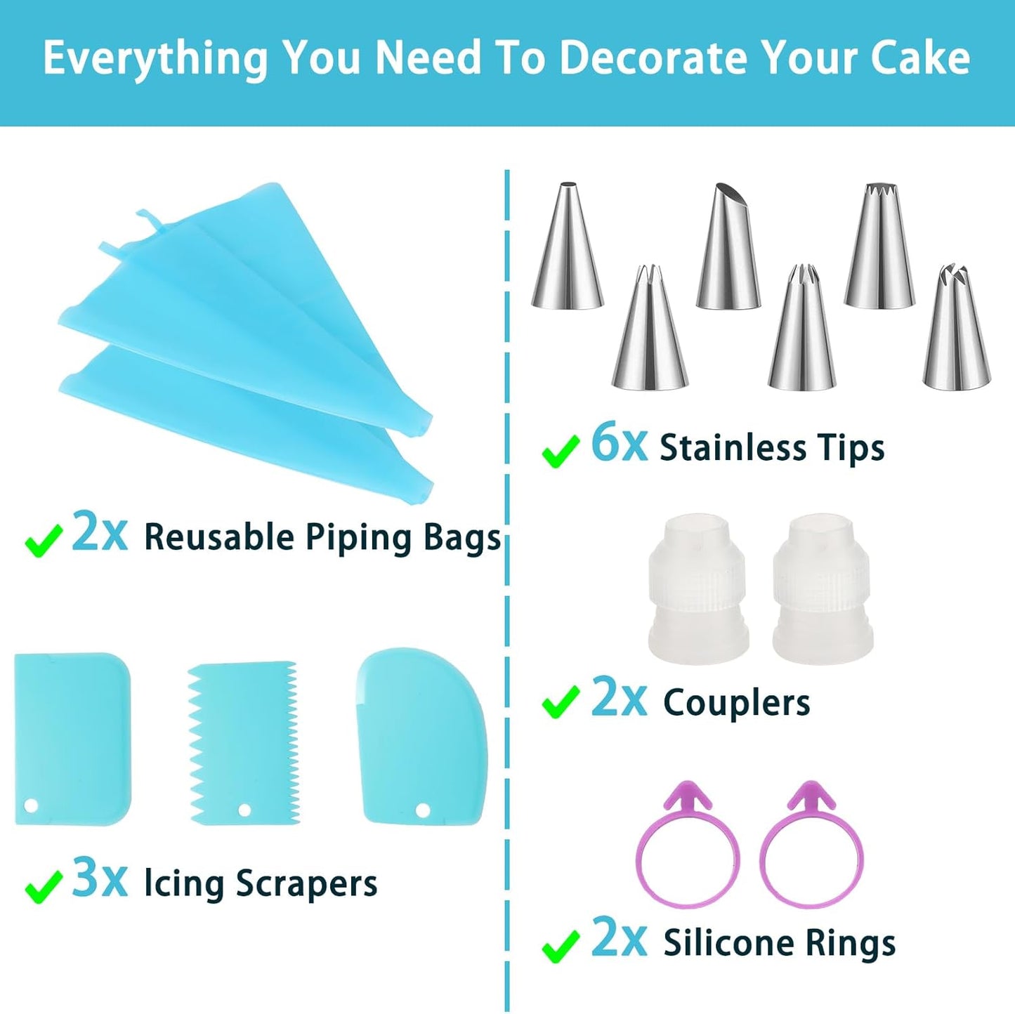 Piping Bags and Tips Set, Reusable Cake Decorating Kit with 6 Icing Tips, 2 Reusable Pastry Bags, 2 Converters, 2 Bag Ties, 3 Scrapers, Beginner-Friendly Baking Supplies for Cupcakes, Cookies
