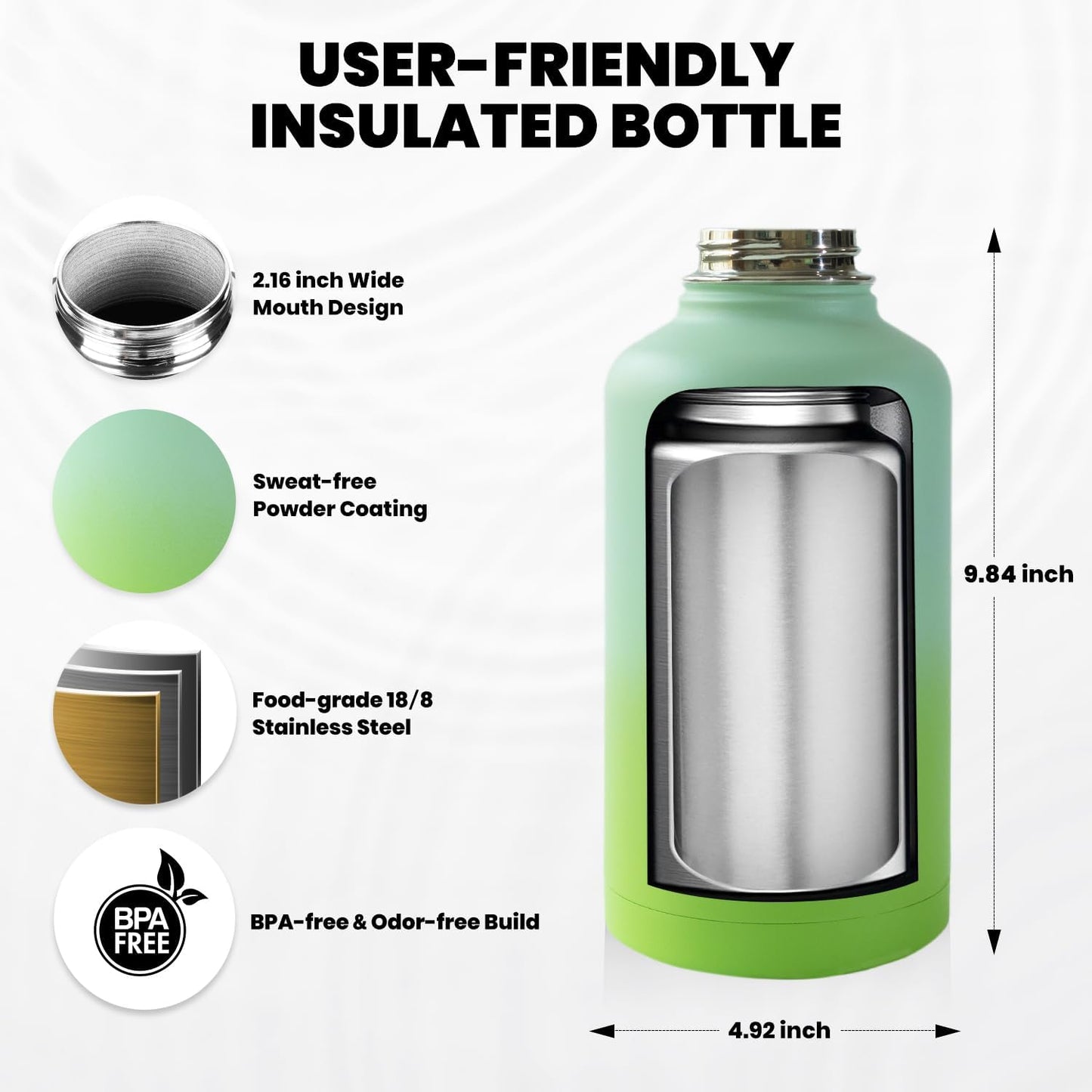 Insulated Water Bottle 64 oz, Triple Wall Vacuum Stainless Steel (Cold for 48 Hrs), Leak Proof & Non-BPA, Half Gallon Water Flask Jug with Paracord Handle & Straw Spout Lids