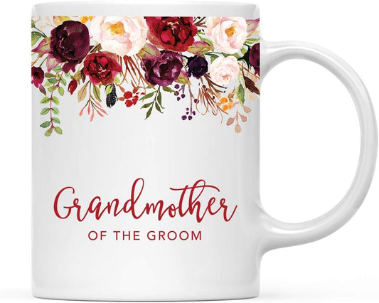 Andaz Press 11oz. Wedding Ceramic Coffee Tea Mug Gift, Fall Autumn Marsala Burgundy Flowers Roses Florals, Grandmother of the Groom, 1-Pack, Includes Gift Box