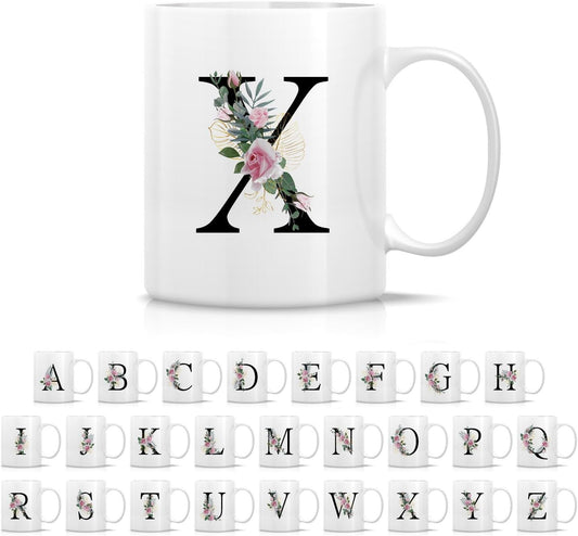 Retreez Initial A-Z Floral Botanical Bouquet Alphabet Monogrammed Monogram Mug 11 Oz Ceramic Tea Coffee Mugs - Appreciation Thank You Wedding Birthday Gifts for her friend coworker sister - X Initial