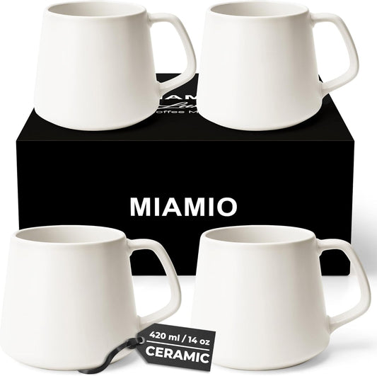MIAMIO - Coffee Mugs Set of 4 / Large Ceramic Coffee Cups (14 oz) - Mug for Cappuccino, Tea, Espresso - Microwave and Dishwasher Safe - Luxe Collection (White Series)