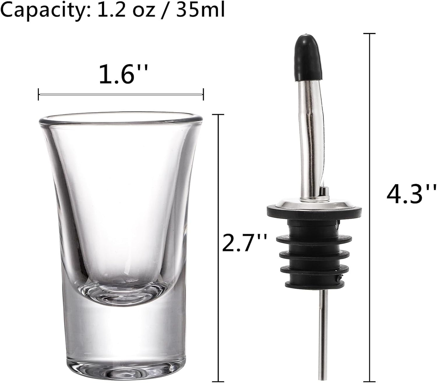 Tebery 30 Pack Shot Glass Bulk Heavy Base, 1.2 Oz Tequila Glass Set with 2 Bottle Pourer, Clear Small Whiskey Shot Glass Cups for Vodka, Liquors, Cocktail, Espressos, Bar
