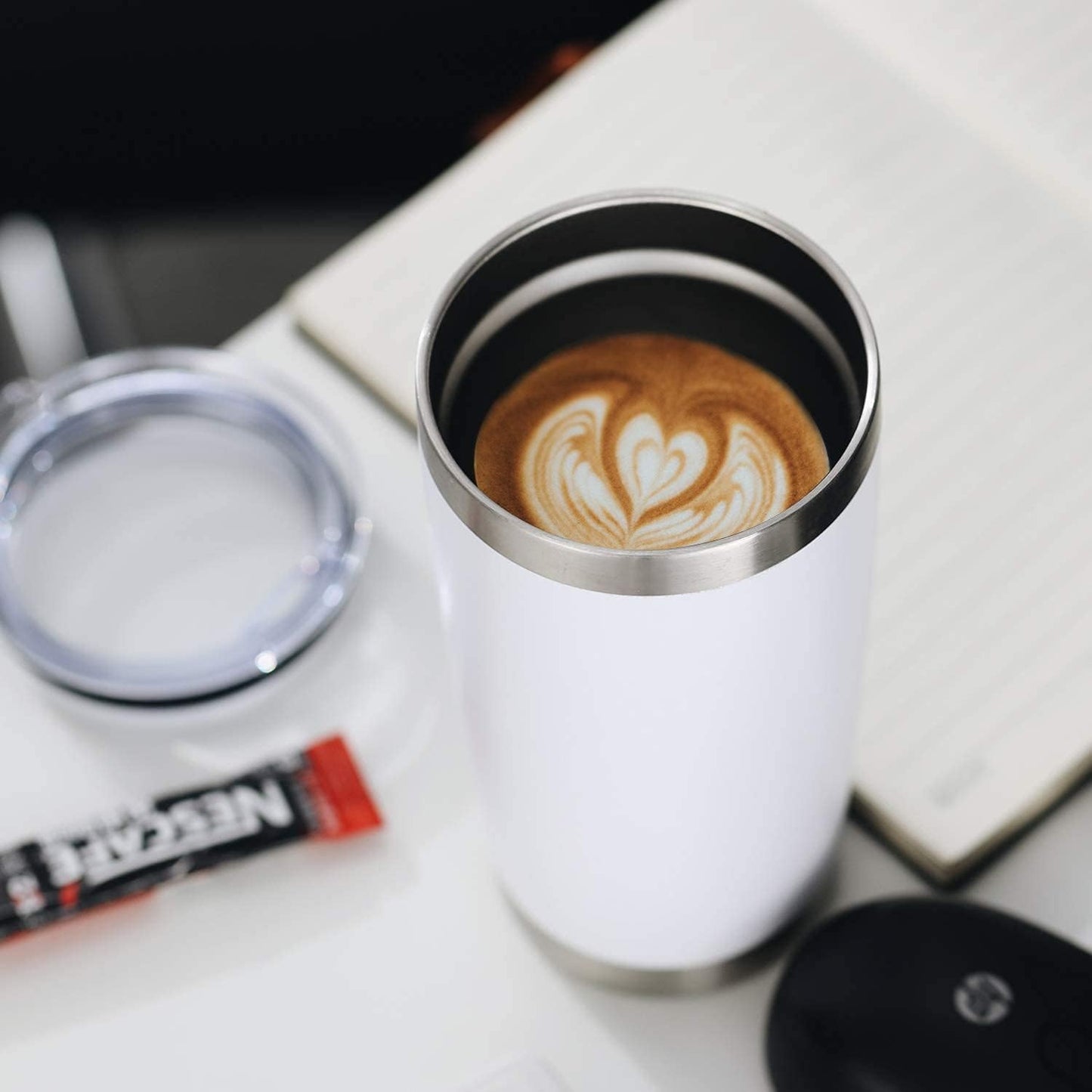 COMOOO 20oz White Tumbler Bulk with Straw Stainless Steel Insulated Coffee Tumbler Cups Double Wall Vacuum Travel Coffee Mug with Splash Proof Sliding Lid for Hot Cold Drinks (White, 4 Pack)