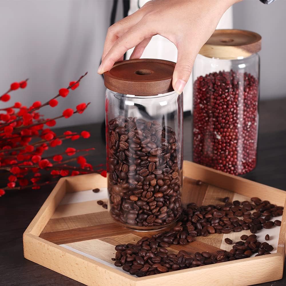 SAIOOL Home Borosilicate Glass Kitchen jars/Canisters with Acacia Wood Airtight Lid Set-2 Pack 30Oz/900ml,Minimalist Preprinted Farmhouse Style. White Matte Sticker Black Text.