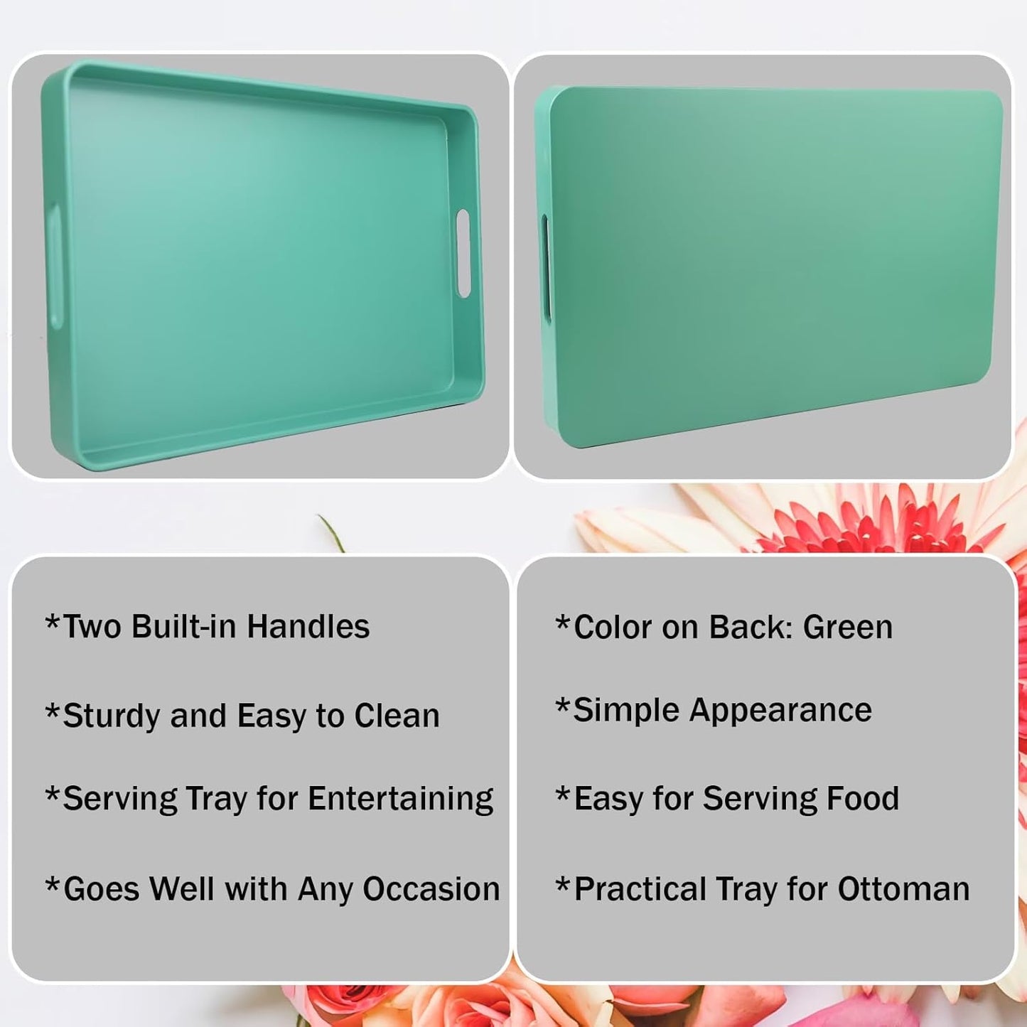 Green Decorative Serving Tray with Handles, Plastic Coffee Table Tray for Outdoor Patio, Living Room, Ottoman, Bathroom Counter, 10.2”*15.7”*1.4”