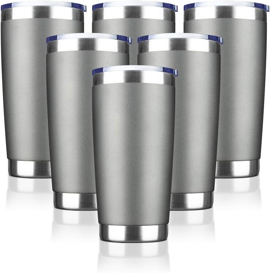 20oz Tumbler Bulk Stainless Steel Vacuum Insulated Tumblers with Lid Double Wall Travel Mug, Durable Powder Coated Coffee Cup, Suitable for Ice Drinks and Hot Beverage (Gray 6pack)