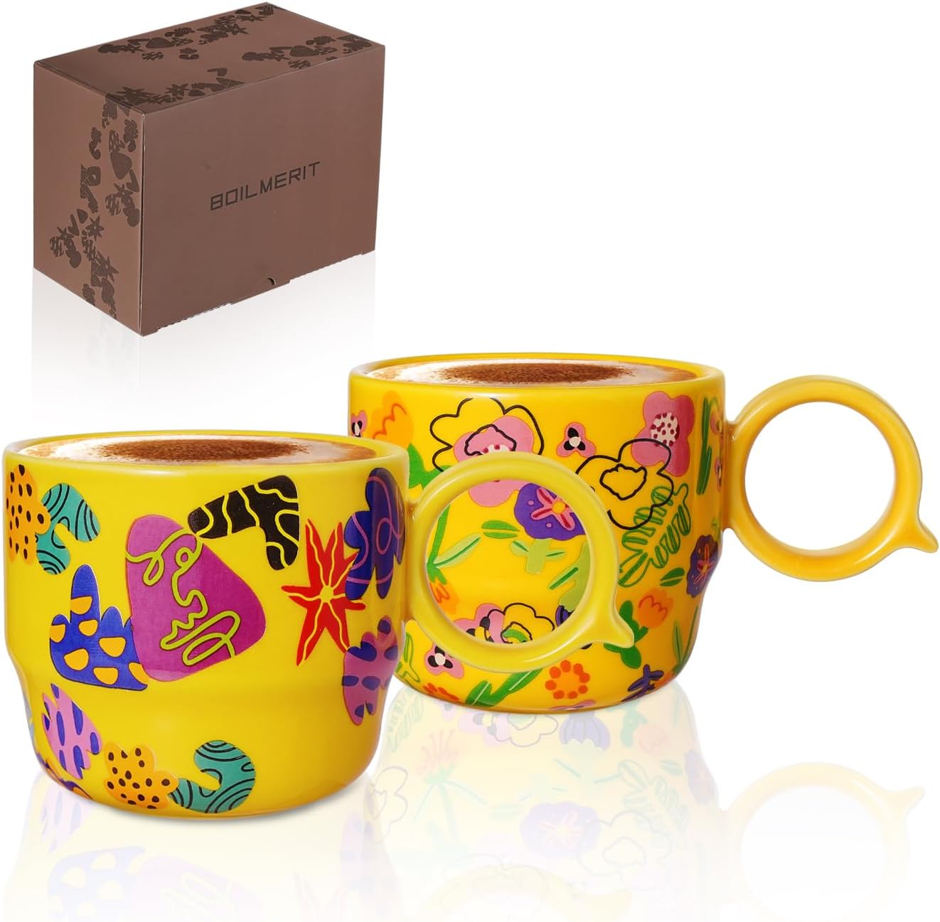 Ceramic Mini Espresso Cups Set of 2 – 3 oz Double Espresso Coffee Cups with Q Handle, Yellolw Floral and fruit Pattern, Small Espresso Shot Cups for Home Coffee Bar,Lungo