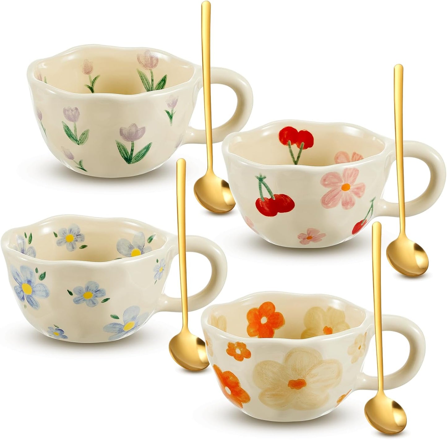 Vesici 4 Styles Cute Ceramic Flower Coffee Mug Set 8. 5 oz Vintage Aesthetic Porcelain Floral Tea Coffee Cup with Handle Dishwasher Microwave Safe for Woman Girls Gifts