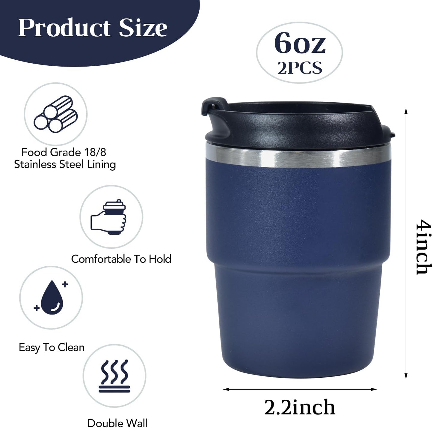 6oz Vacuum Insulated Espresso Cup Set of 2, Espresso Shot Cup for Coffee, Double Wall Stainless Steel Mini Tumbler Shot Glasses with Lid, Mini Coffee Cup