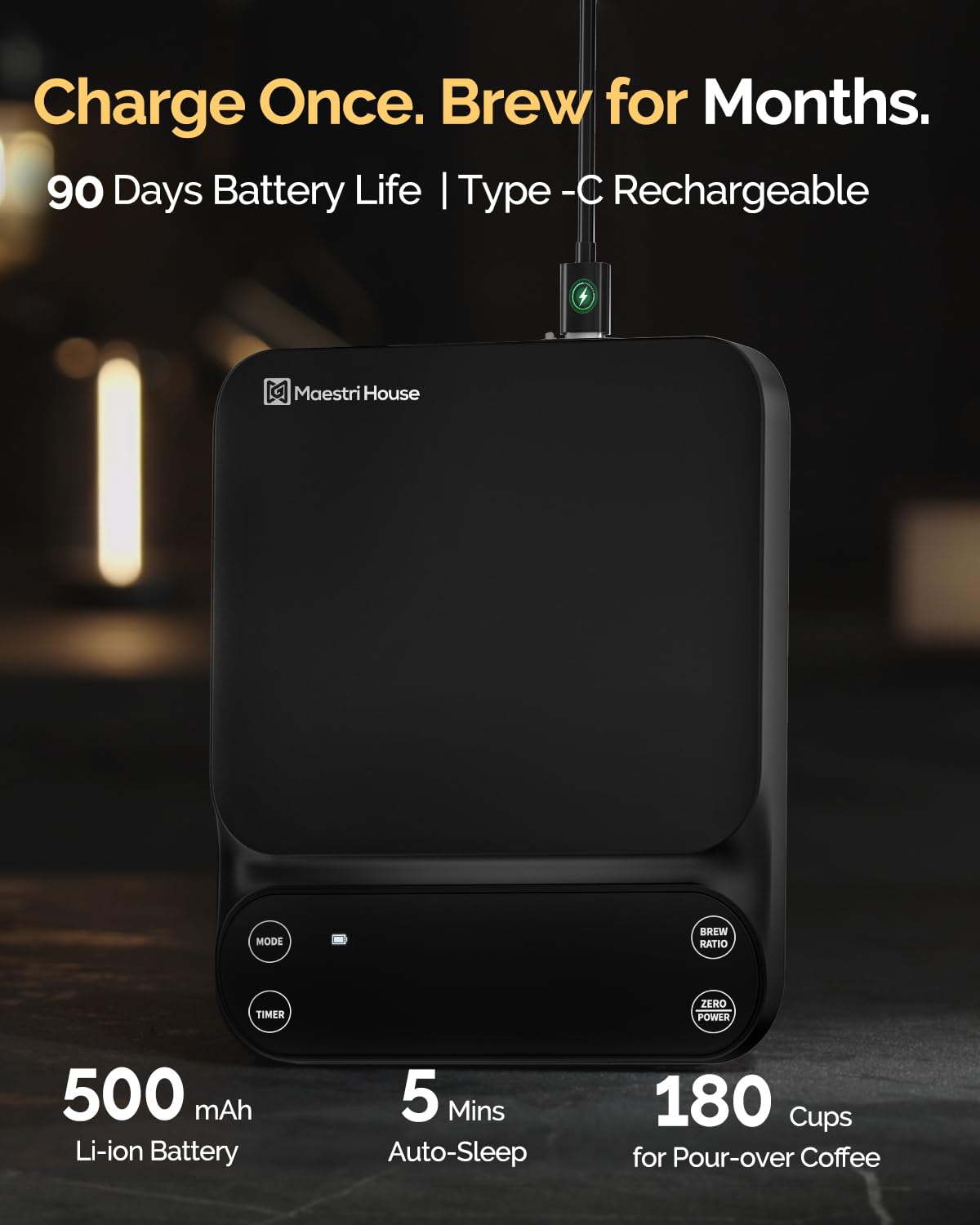 Maestri House S3 Coffee Scale with Timer, 3kg/0.1g Rechargeable Digital Scale, 3 Brew Modes, Adjustable Ratios & Flow Rate Display, Barista-Grade for Pour-Over, Espresso, French Press – Black