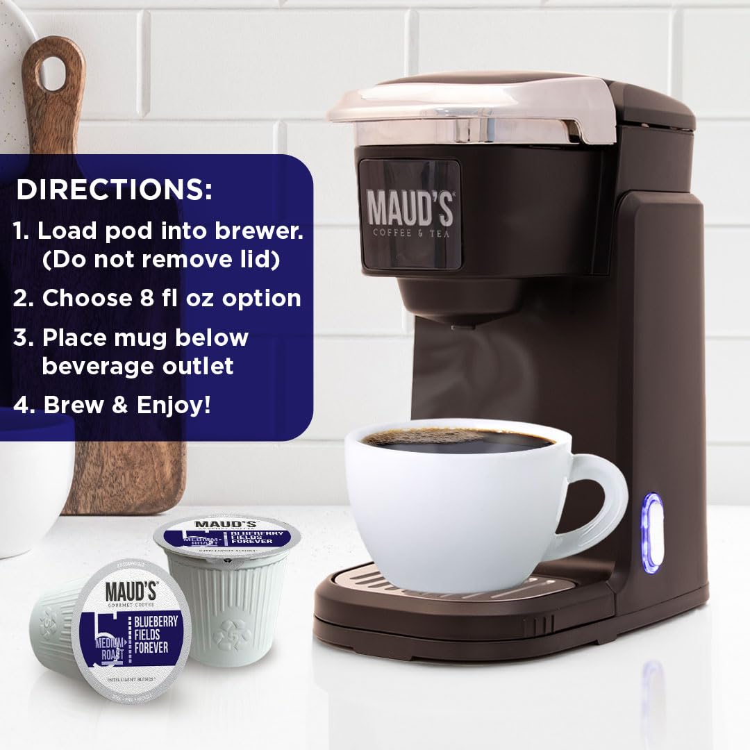 Maud's Blueberry Flavored Coffee Pods, 50 ct, Medium Roast Flavored Coffee in Recyclable Single Serve Pods – 100% Arabica Beans, Compatible with Keurig K Cups Maker