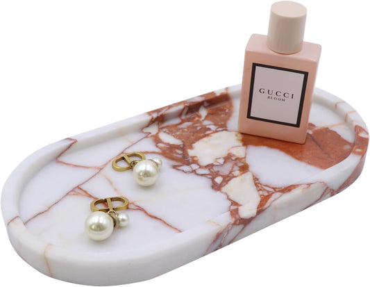 Natural Marble Tray, Oval Vanity Decorative Tray for Bathroom Counter, Countertop Stone Organizer, Catchall Tray for Kitchen, Perfume, Candles, Jewelry Dish Decorative Tray