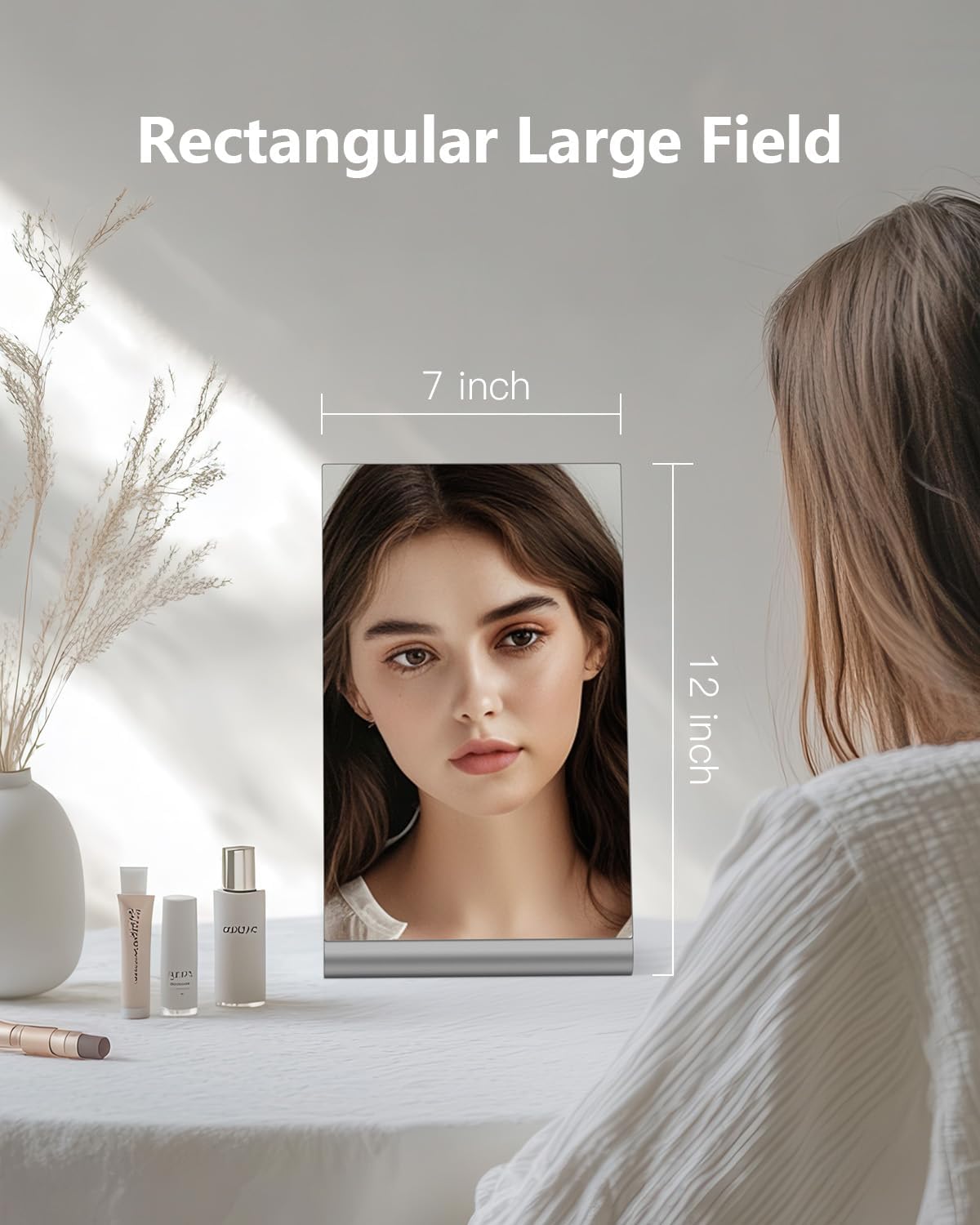 Frameless Makeup Mirror, 12" Length Aluminum Desk Mirror, Vanity Mirror for Counter, Bedroom, Bathroom, Dorm