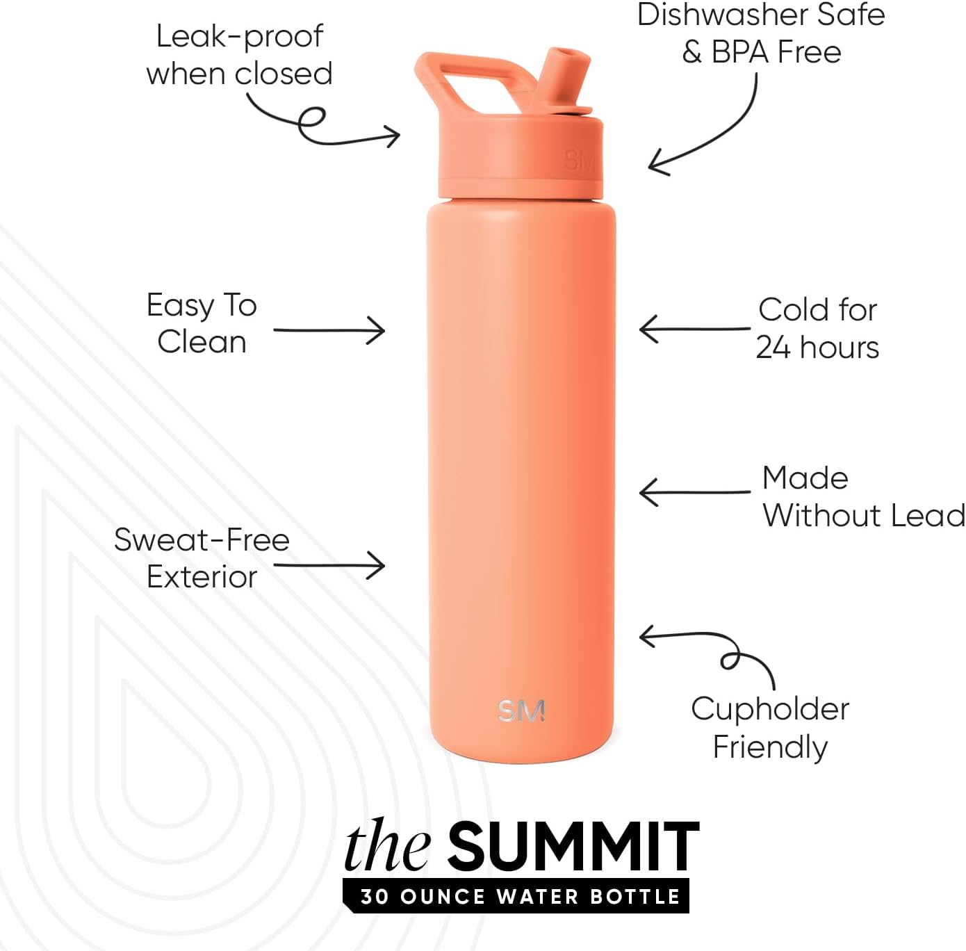 Simple Modern Water Bottle with Straw Lid | Vacuum Insulated Stainless Steel Metal Thermos | Reusable Leak Proof BPA-Free Flask for Sports Gym | Summit Collection | 30oz, Clementine