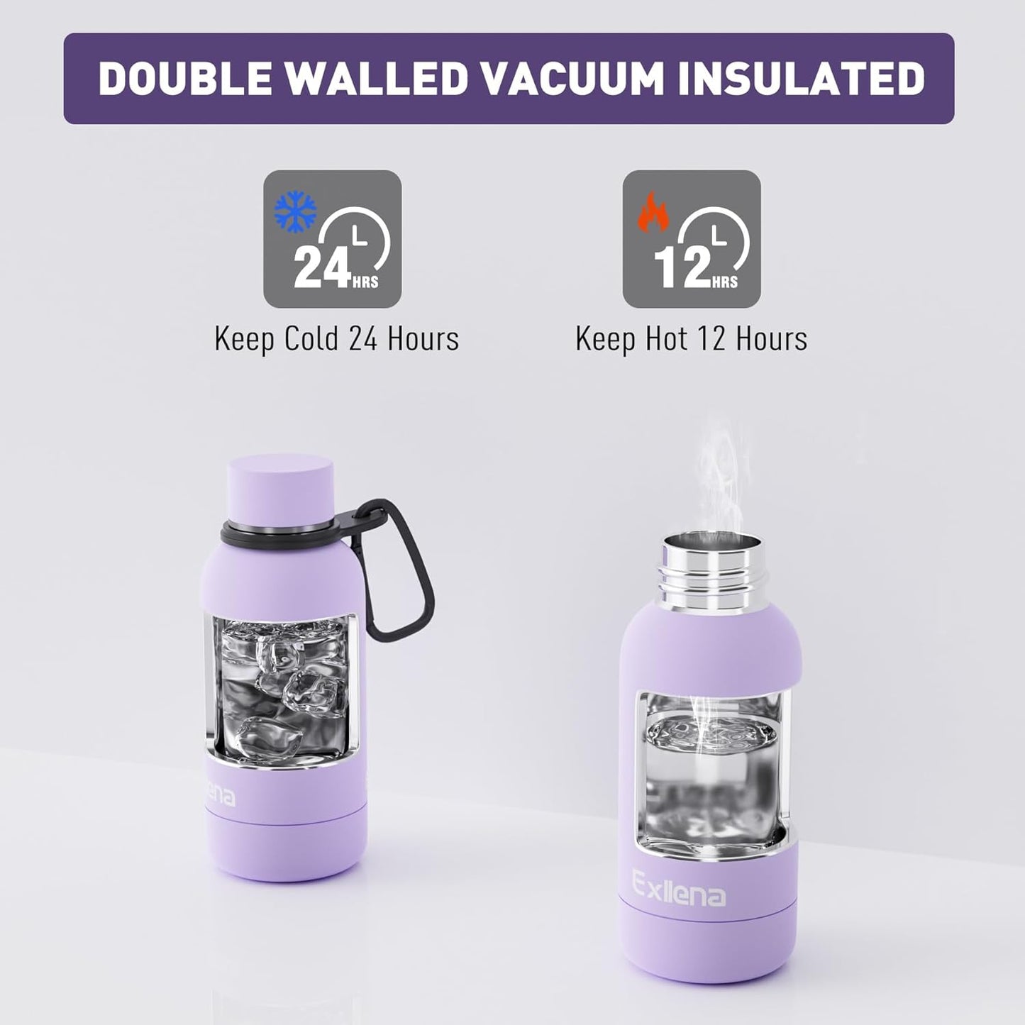 Small Water Bottle 12oz with Clip, Double Wall Stainless Steel Vacuum Small Insulated Water Bottle Keeps Drinks Cold 24 Hrs/Hot 12 Hrs for Kids Handbag School BPA Free (Purple)