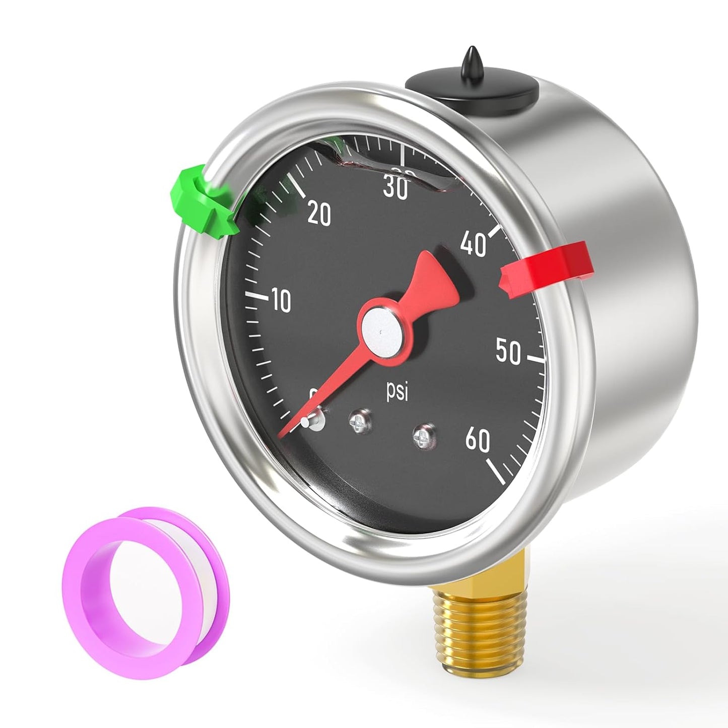 0-60PSI Stainless Steel Glycerin Filled Pressure Gauge 1.5" Black Dial Size, 1/8" NPT Lower Mount, for Tube, Water Pump, Gas, Liquid, Pressure Test (with Range Mark Pointer)
