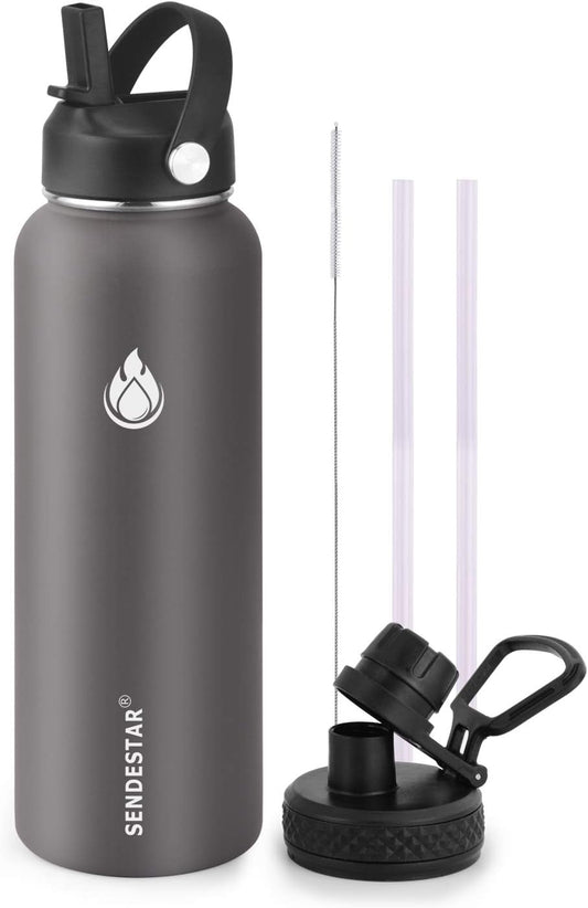 SENDESTAR Stainless Steel Water Bottle, Wide Mouth Water Bottle 40 oz with Straw Lid, Spout Lid, Double Wall Vacuum Insulated Leak Proof, Keeps Liquids Hot or Cold (Gray)