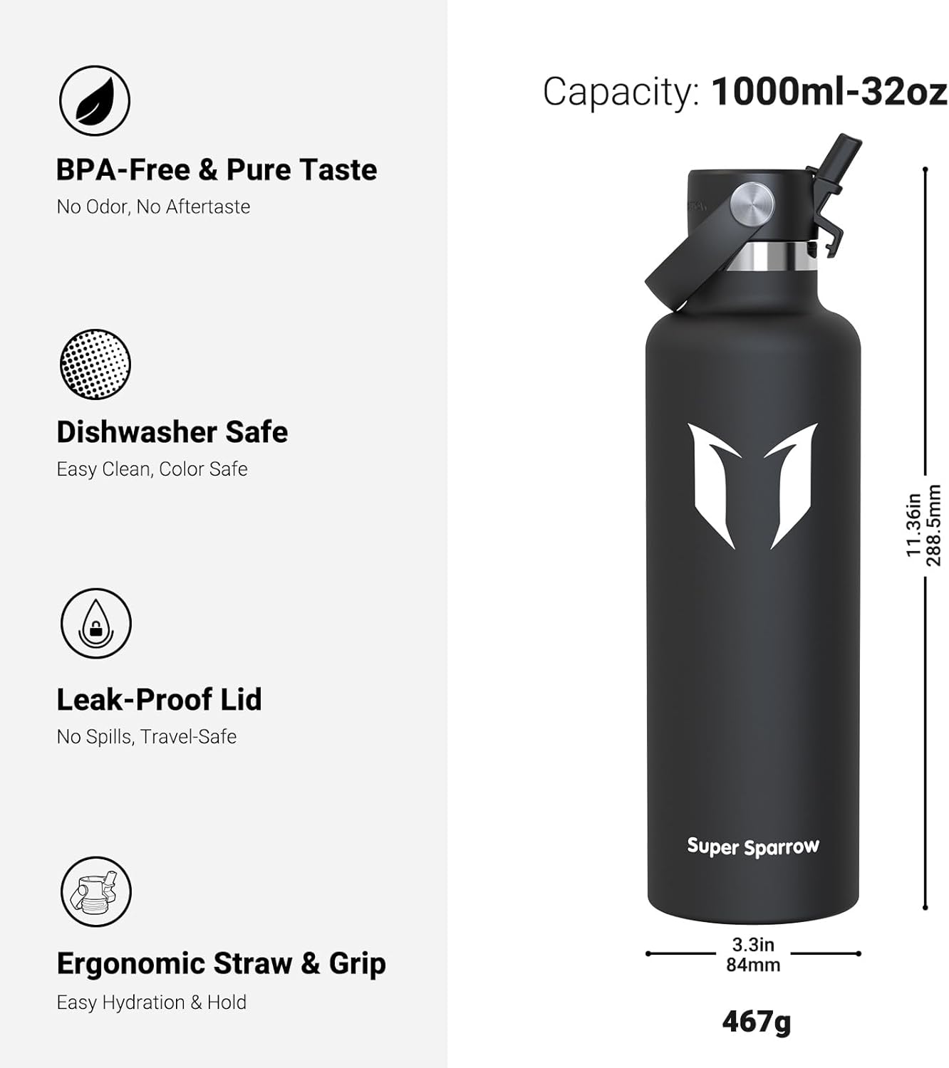 Super Sparrow Insulated Water Bottle - 17 Oz / 25 Oz / 32 Oz - Standard Mouth FlipFlow Flask - BPA Free, Leak Proof Drink Bottle- Ergonomic Straw Water Bottles for Work, Gym, Travel, Sports