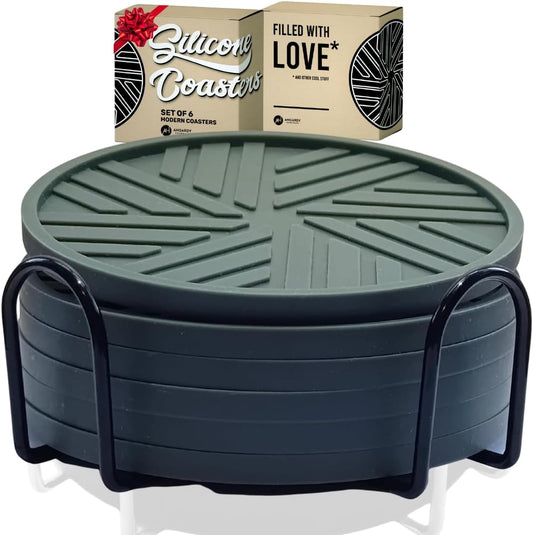 Silicone Coasters with Black Metal Holder, Set of 6, 4-Inch Diameter, Cup Mat for Drink, Stylish Home Decor, Deep Grey