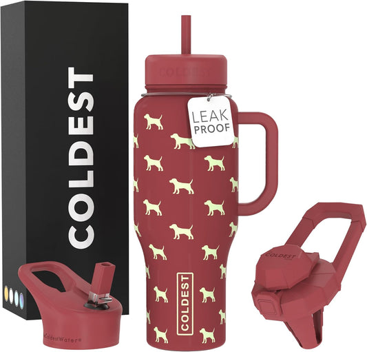 Coldest 40 oz Tumbler with Handle and Straw - 100% Leak Proof Insulated Tumbler with Lid and Straw (3 Lids) - Stainless Steel Tumblers for Women & Men - Cup Holder Friendly Base, 36 oz (Baby Puppy)