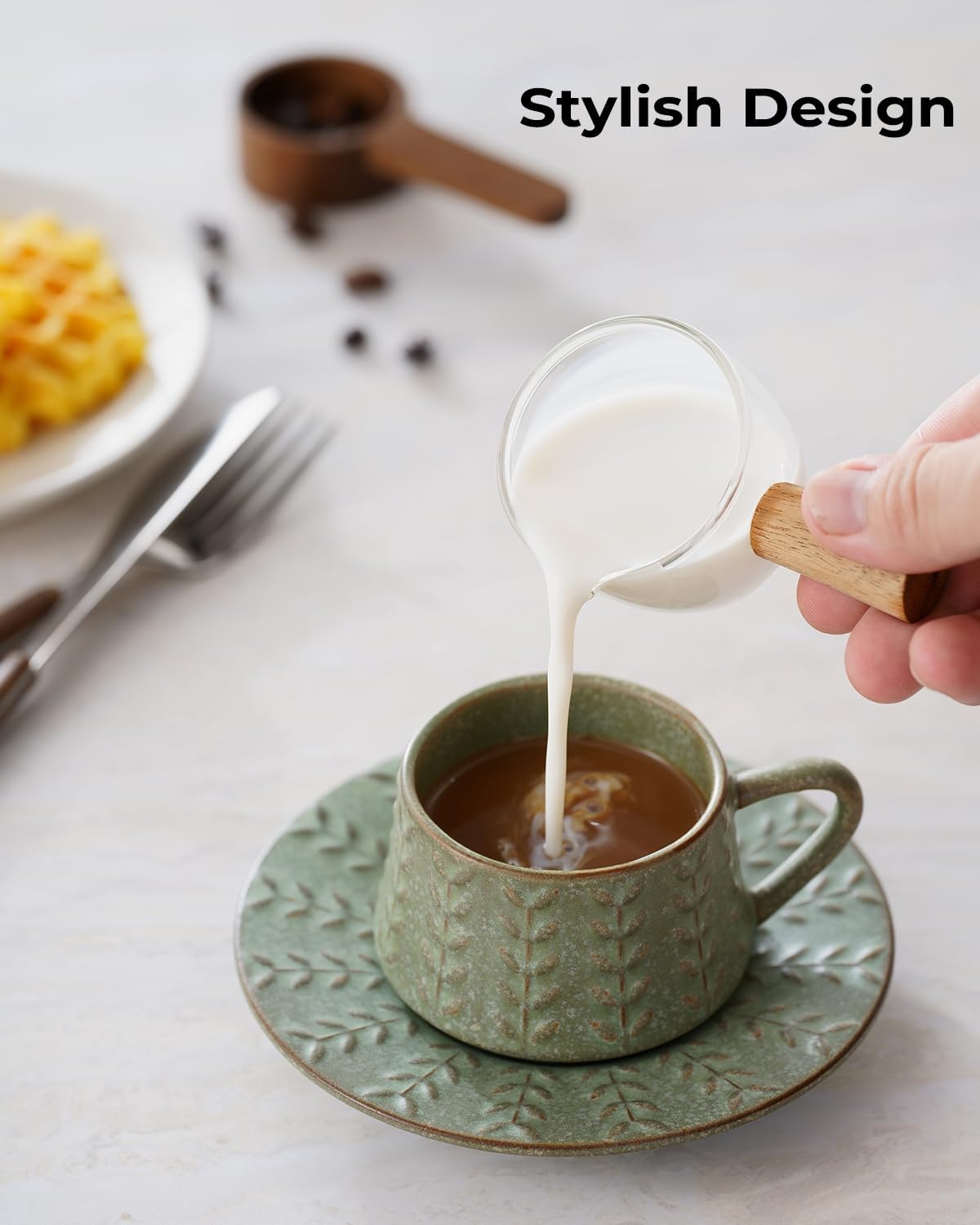 Espresso Cups Set of 6, 4 oz Demitasse Cups with Saucer and Metal Stand Small Coffee Cup Set, Porcelain Cappuccino Cups for Latte, Cafe Mocha and Tea, Green