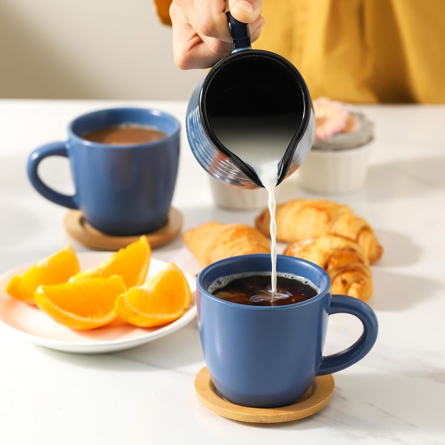 Hasense 8 oz Tea Cups and Saucers Set of 6, Ceramic Coffee Cups Latte Cappuccino Cups with Handle for Double Shot, Cafe Mocha, Espresso, Porcelain Coffee Cups for Party Home and Kitchen, Blue