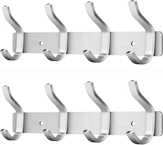 Wall Hooks Heavy Duty, 12 Inch Coat Rack Wall Mount with 4 Hooks, Silver Wall Hooks Hangers for Entryway, Bathroom - for Hanging Backpack, Bag, Coat, Purse, Hat, Towel, Clothes,2 Packs