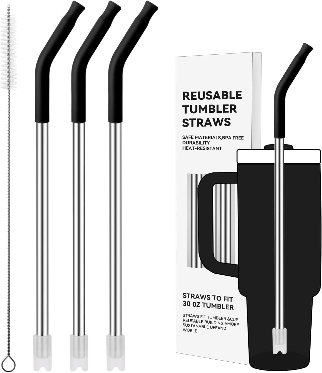 Reusable Metal Straws with Silicone Tip for Stanley 30oz,Stainless Steel Drinking Straws for 30oz Tumbler,3 Straight Tubes & 6 Tips& 1 Cleanr Brush (Black)