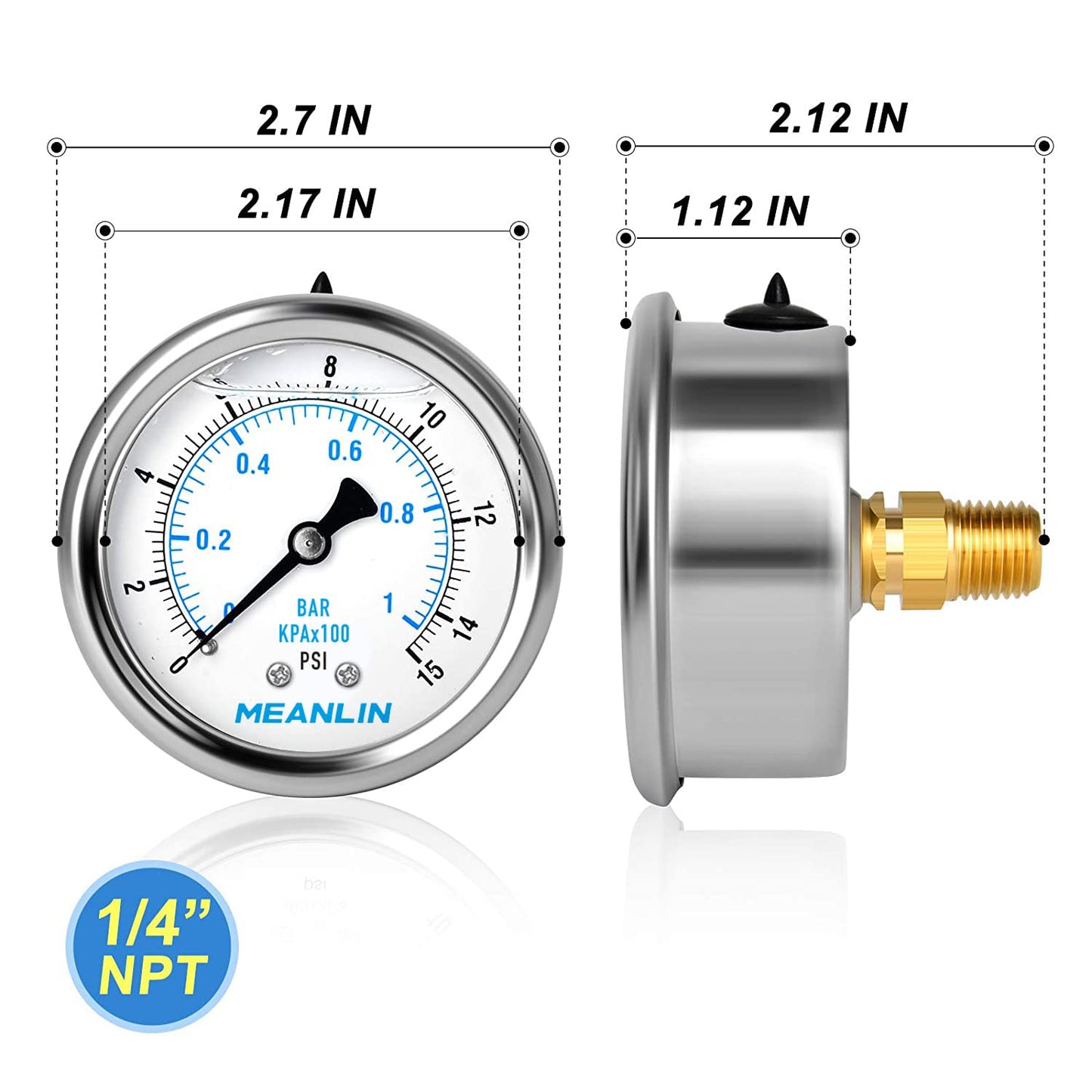 MEANLIN MEASURE 0~15Psi Stainless Steel 1/4" NPT 2.5" FACE DIAL Liquid Filled Pressure Gauge WOG Water Oil Air Center Back Mount, with 1/4" x 1/2" NPT and 1/4" x 3/8" NPT Hex Bushing
