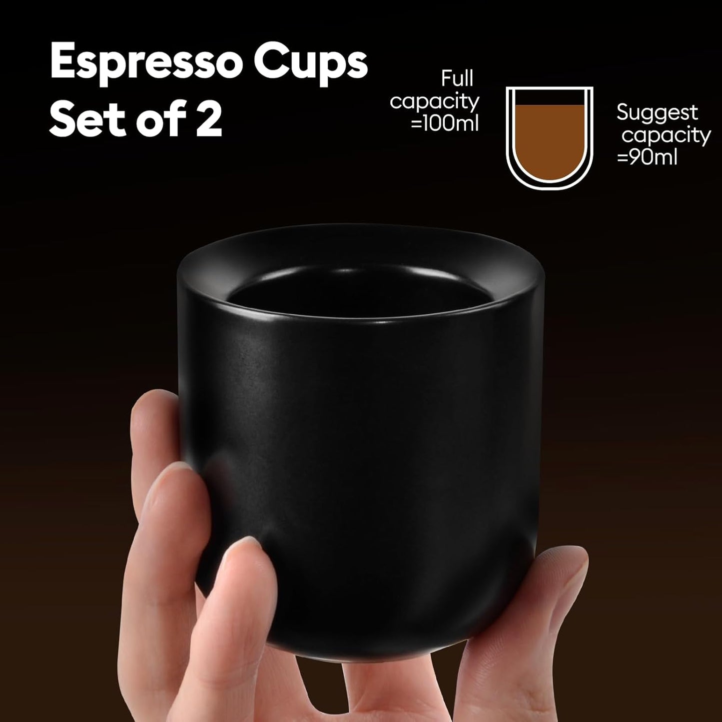A set of 2 matte black ceramic espresso cups, thickened cup walls, slanted mouth design, each with a capacity of 3 ounces, hand washable only