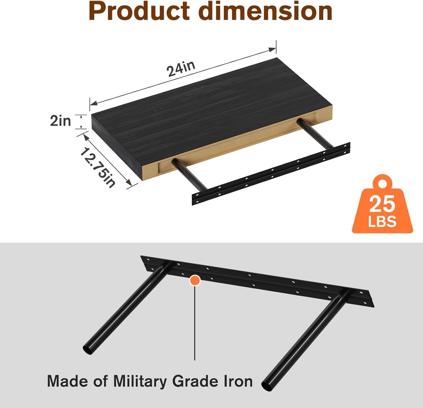 Floating Shelf, Set of 1 Wall Shelf, 24 in W x 12.75 in D x 2 in H Wooden Floating Wall Shelf with Invisible Brackets for Living Room/Bedroom/Bathroom/Kitchen Storage and Decor, Black Wood