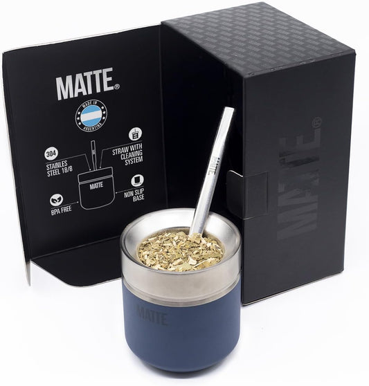 Matte 6.5 oz Yerba Mate Gourd and Bombilla Set - Includes DS Pro Box - BPA Free Yerba Mate Set Kit with Mate Straw, Elegant Design, Non-Slip Base (Blue)