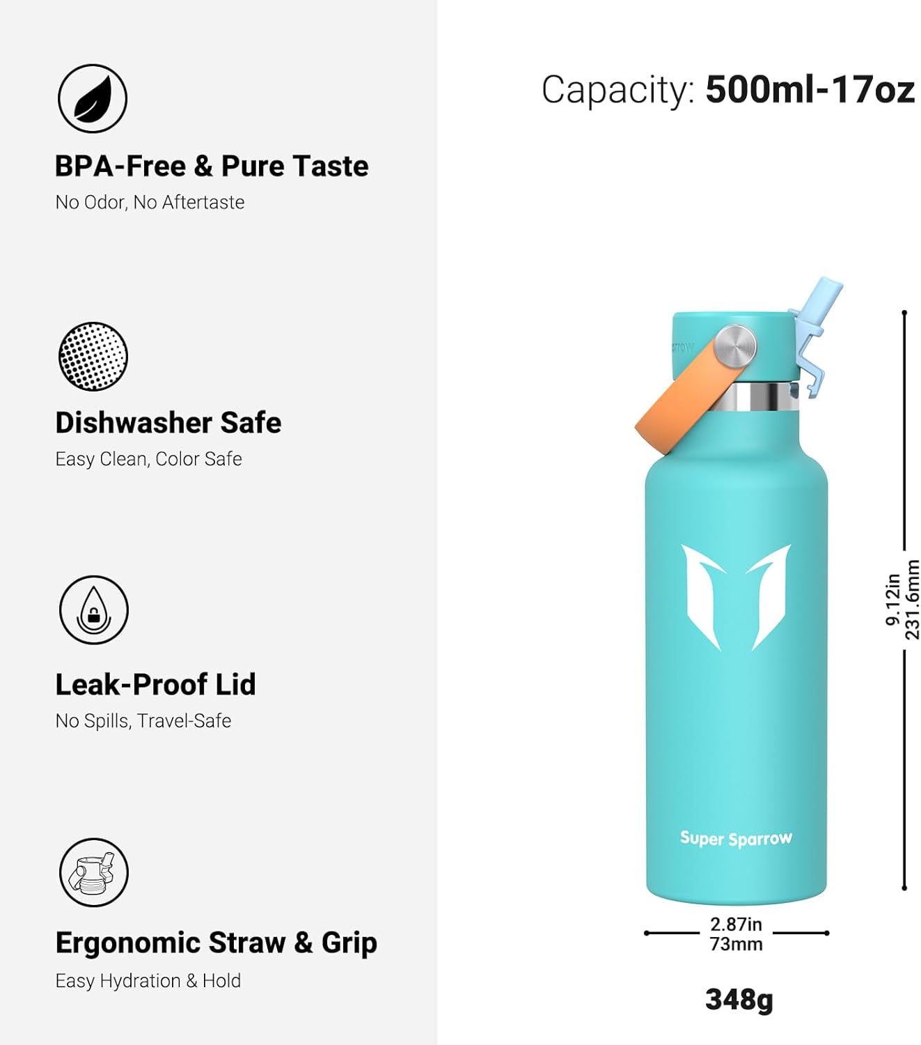 Super Sparrow Insulated Water Bottle - 17 Oz / 25 Oz / 32 Oz - Standard Mouth FlipFlow Flask - BPA Free, Leak Proof Drink Bottle- Ergonomic Straw Water Bottles for Work, Gym, Travel, Sports
