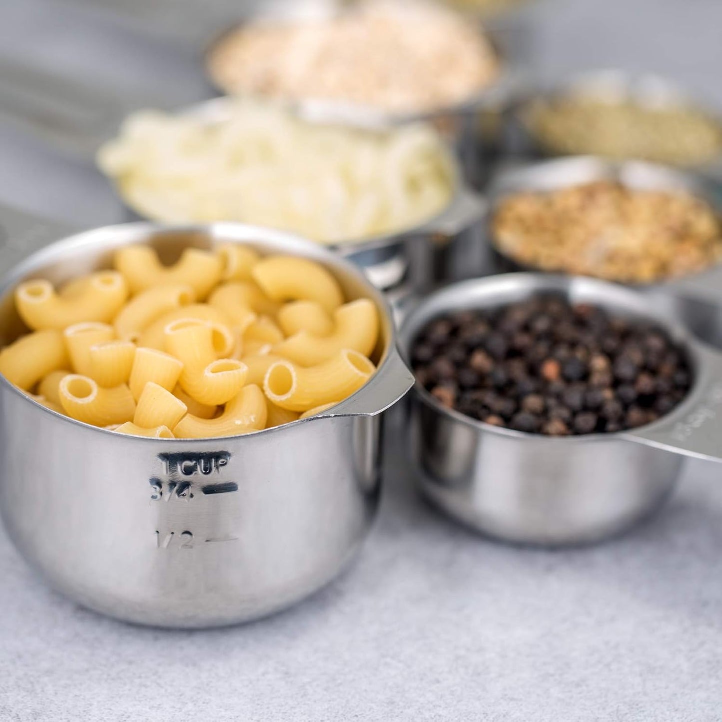 Set of 7 Heavy Duty Measuring Cups, 18/8 Stainless Steel with Ring Connector, Silver