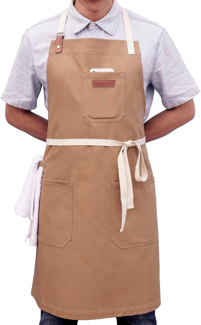 Kitchen Apron, Mens Womens Professional Chef Bib Apron for Cooking Grill BBQ, Cotton with Pockets Towel Loop and Adjustable Neck Straps